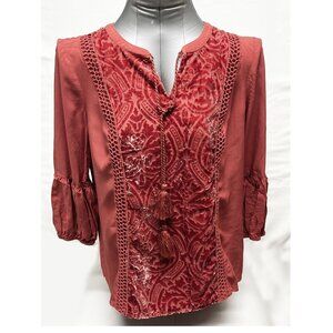 ST. JOHN'S BAY Velvet Placket Balloon Sleeve, Lace, Tassels, Boho Blouse, PM